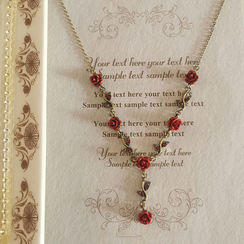 Princess Belle Rose Necklace Inspired Enchanted Red Rose